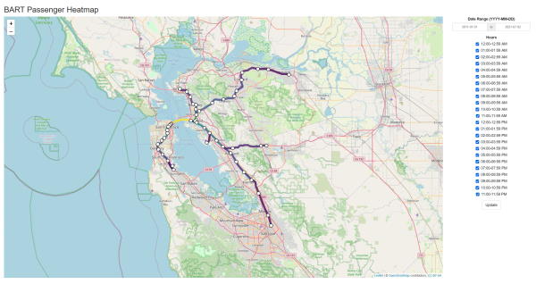 The default view for the heatmap, visually showing the distribution of passengers on the BART network.