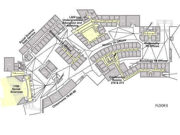 An example rendering of the SVG for the 0th (bottom) floor of the Death Star. The lines between rooms are valid paths that the algorithm can travel on. Lines that appear to go nowhere, such as the ones on the far right, are 'portals' that travel between floors.