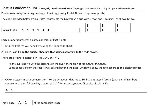 An example of a page that is distributed to helpers. They place Post-Its on the other side of the page, then affix the assembly to the main poster board.